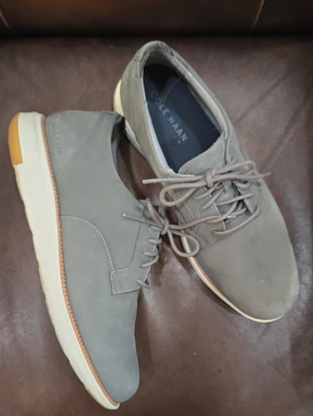 Cole Haan Men's Gray Leather Suede Derby Oxfords White Soles Lace Up 11 Wide EUC